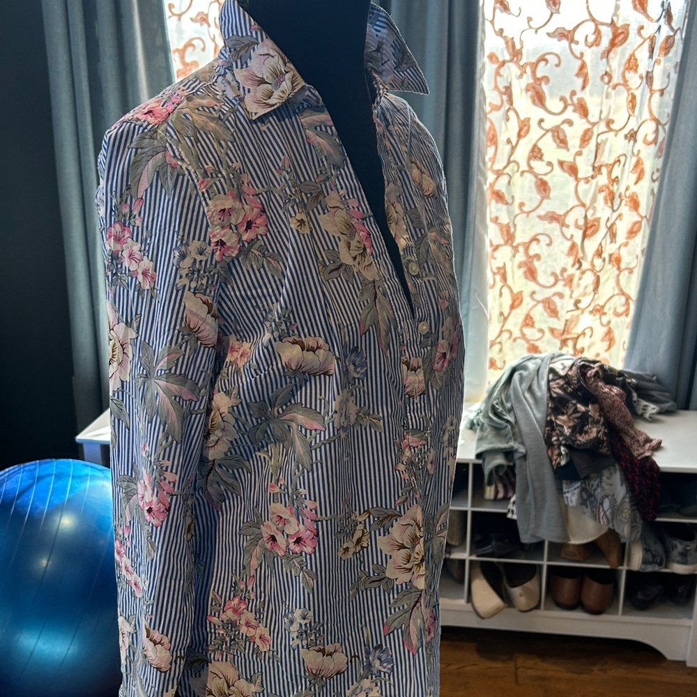 Talbots Blue and White Striped Button-Down Shirt with Pink Floral Print - Picture 2 of 4